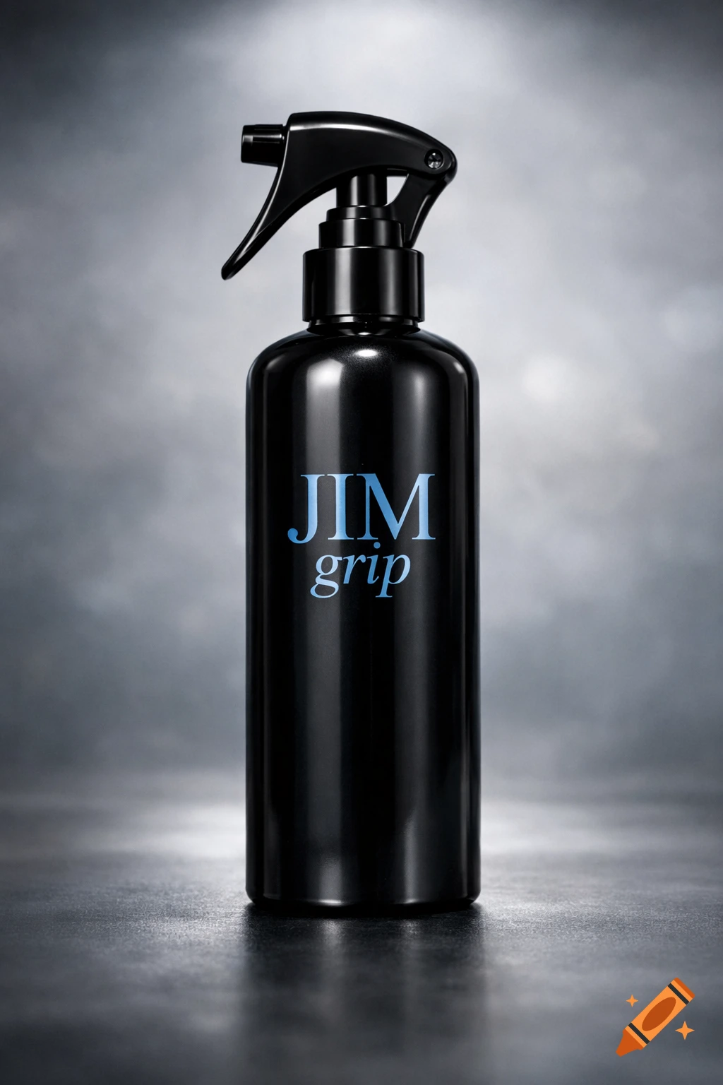 A black spray bottle with a trigger sprayer features 'JIM grip' text in light blue, set against a blurred gray background.