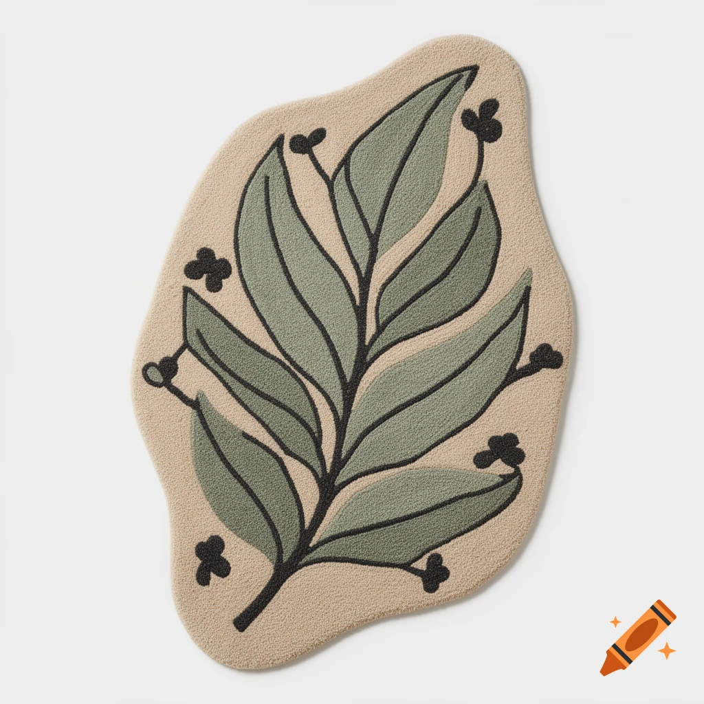 A modern, organically shaped tufted rug with a stylized sage green eucalyptus leaf and charcoal accents on a warm beige background.