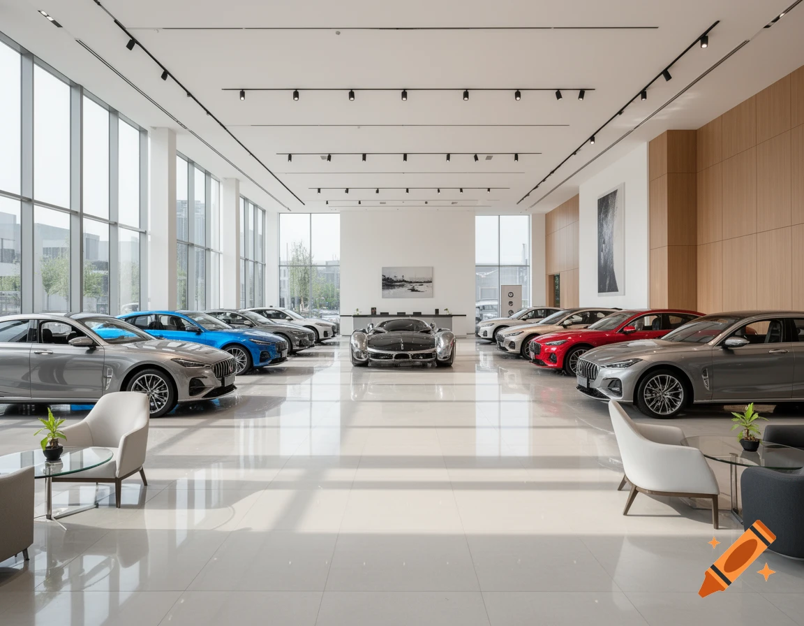A spacious, modern car showroom with multiple luxury cars on display, featuring large windows and polished floors.