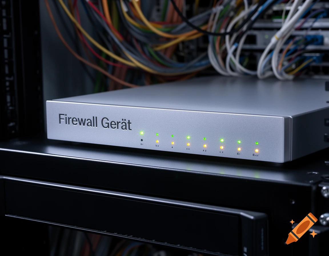 A close-up, photorealistic shot of a silver firewall device with green and orange indicator lights, surrounded by colorful network cables in a server rack.