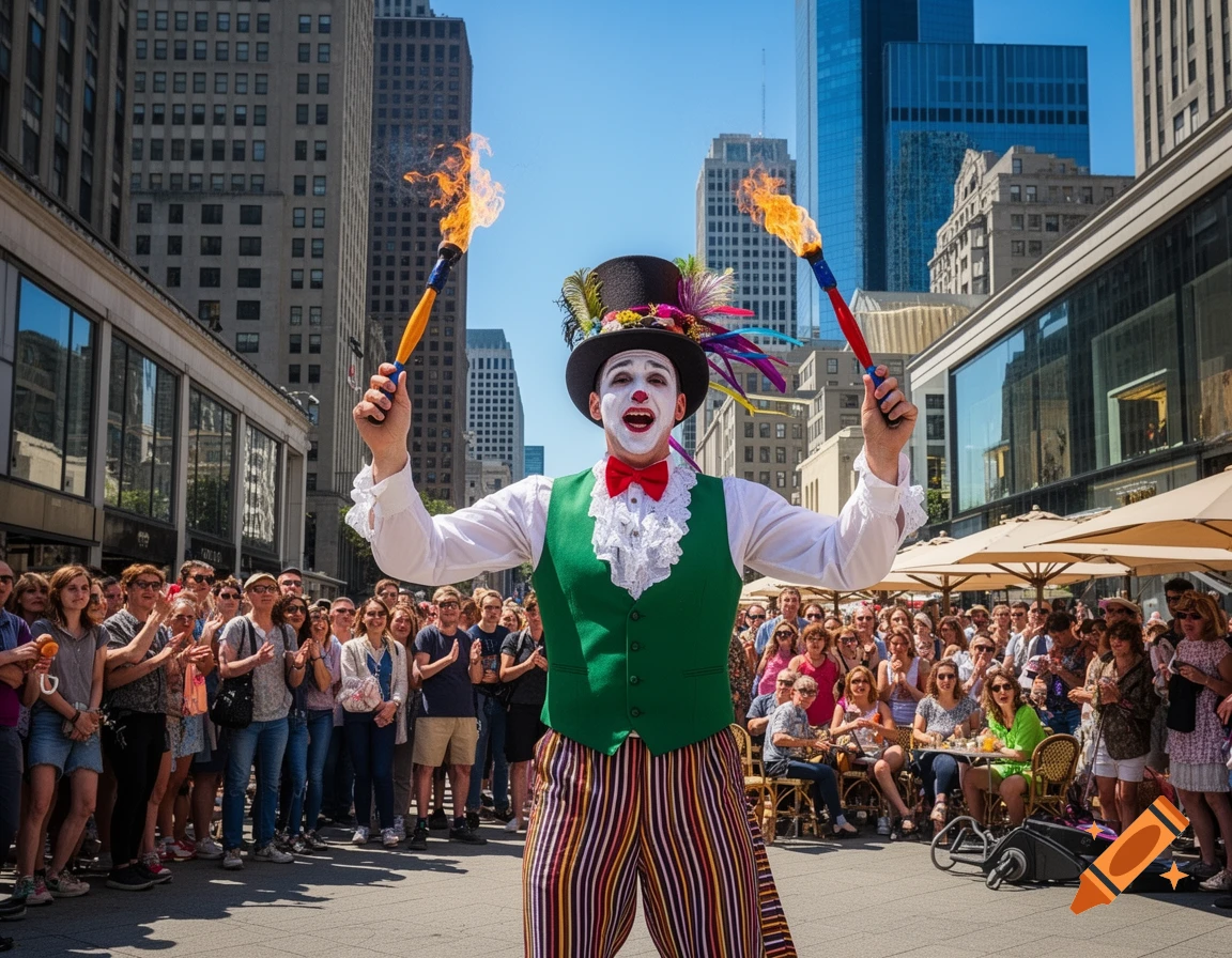 A clown-like street performer in a green vest and striped pants juggles flaming torches for a crowd in a city.