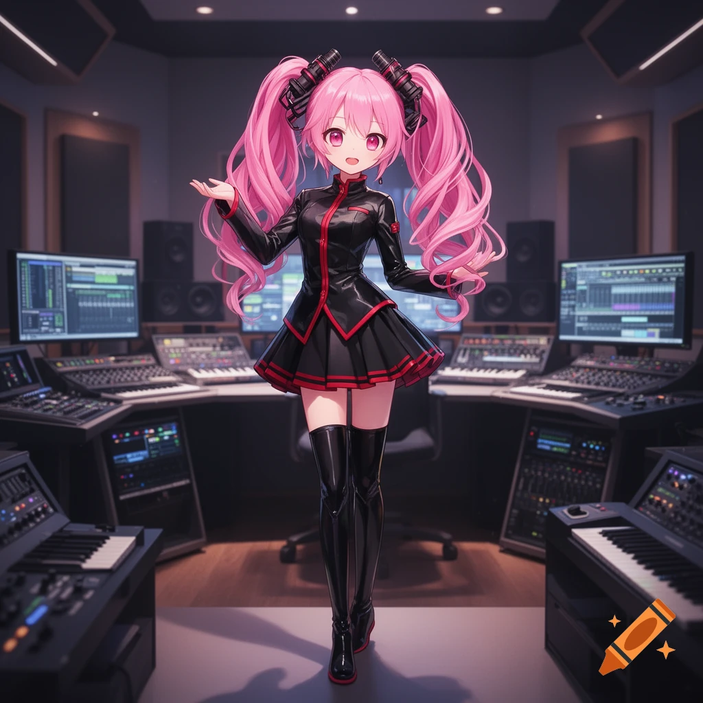 An anime character with long pink pigtails, wearing a black and red uniform dress and boots, stands in a modern music studio filled with keyboards and computer screens showing audio software.