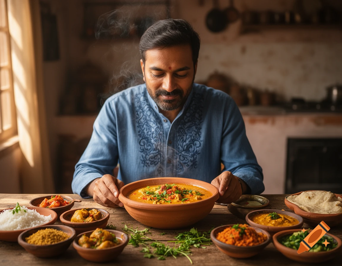 A man with closed eyes enjoys a large bowl of steaming Indian curry and many side dishes on a wooden table, in a rustic kitchen.
