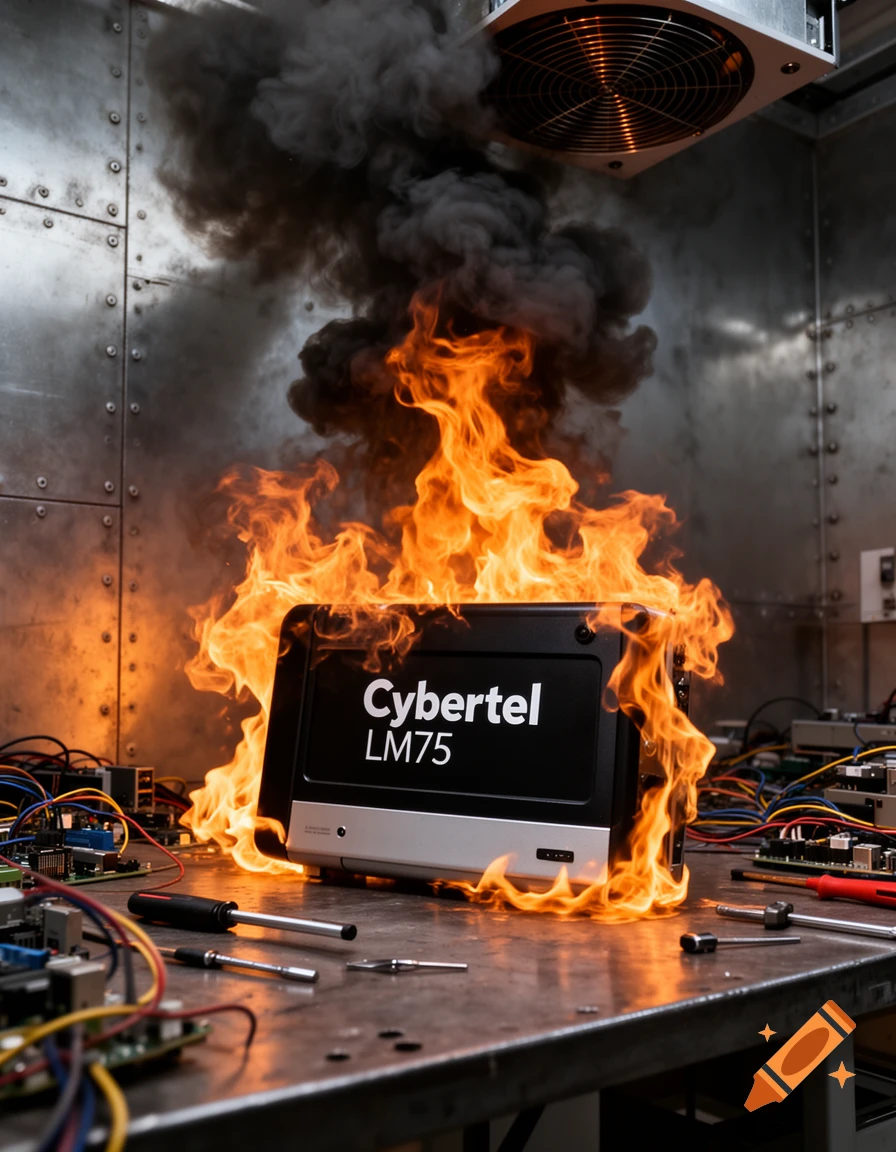 A Cybertel LM75 device engulfed in flames and thick black smoke on a metal workbench in an industrial room, surrounded by tools and circuit boards.