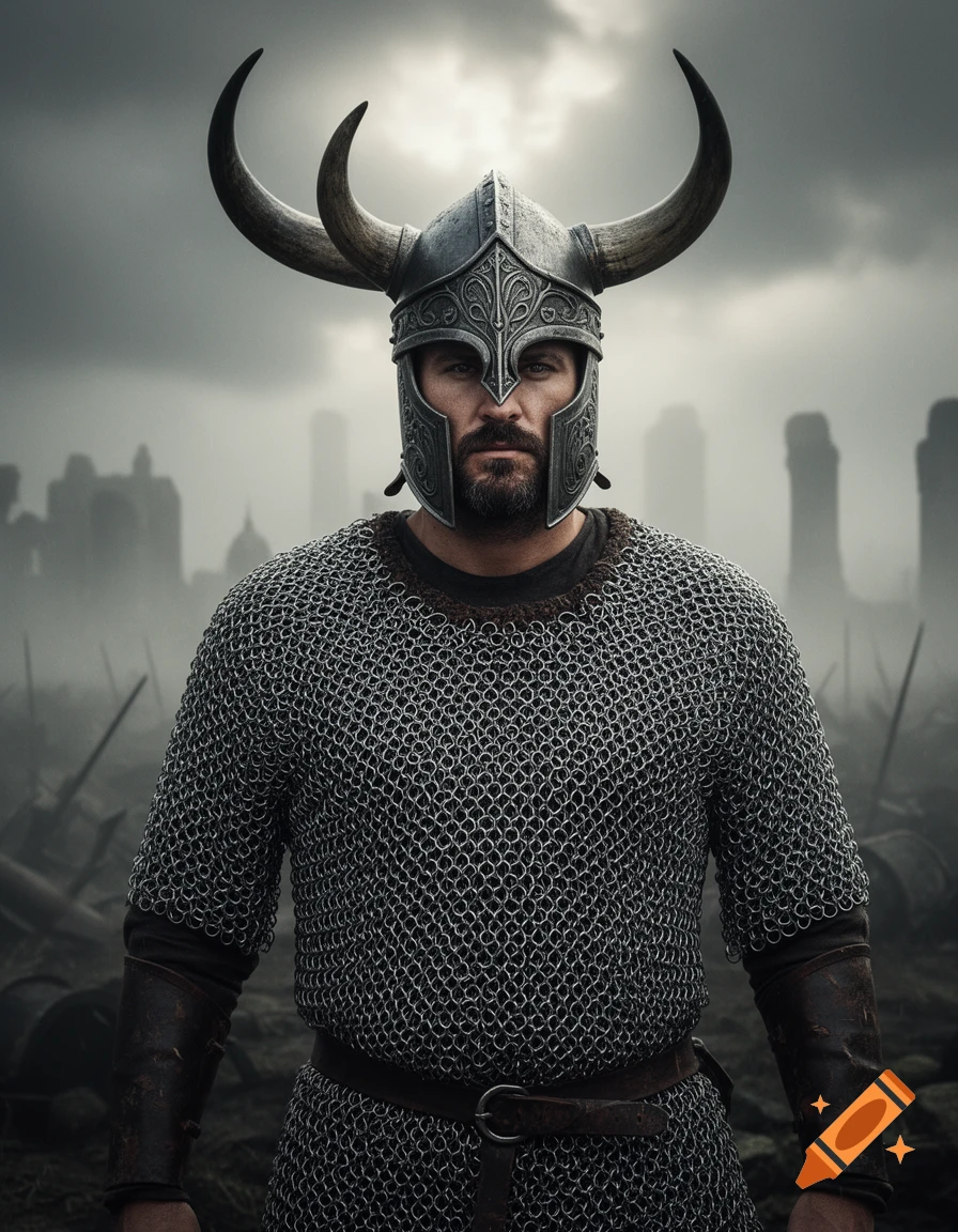 A bearded male fantasy warrior in ornate chainmail and a horned helmet stands against a cloudy, desolate background with ruins.