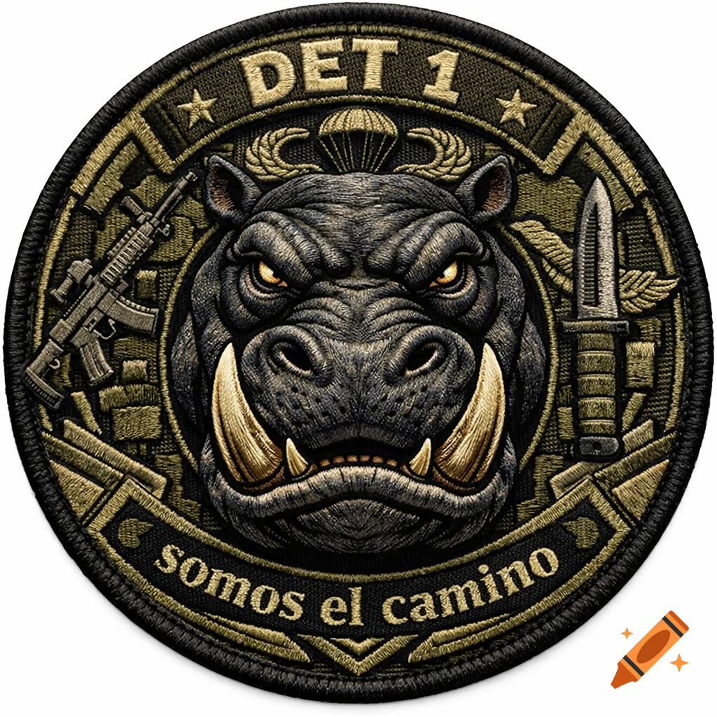 Military-style embroidered patch featuring a fierce hippo head, a rifle, a knife, and the text 'DET 1' and 'somos el camino'.