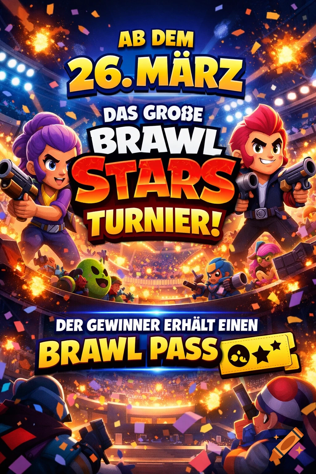 Vibrant Brawl Stars tournament poster with Shelly and Colt, other characters, confetti, and German text.