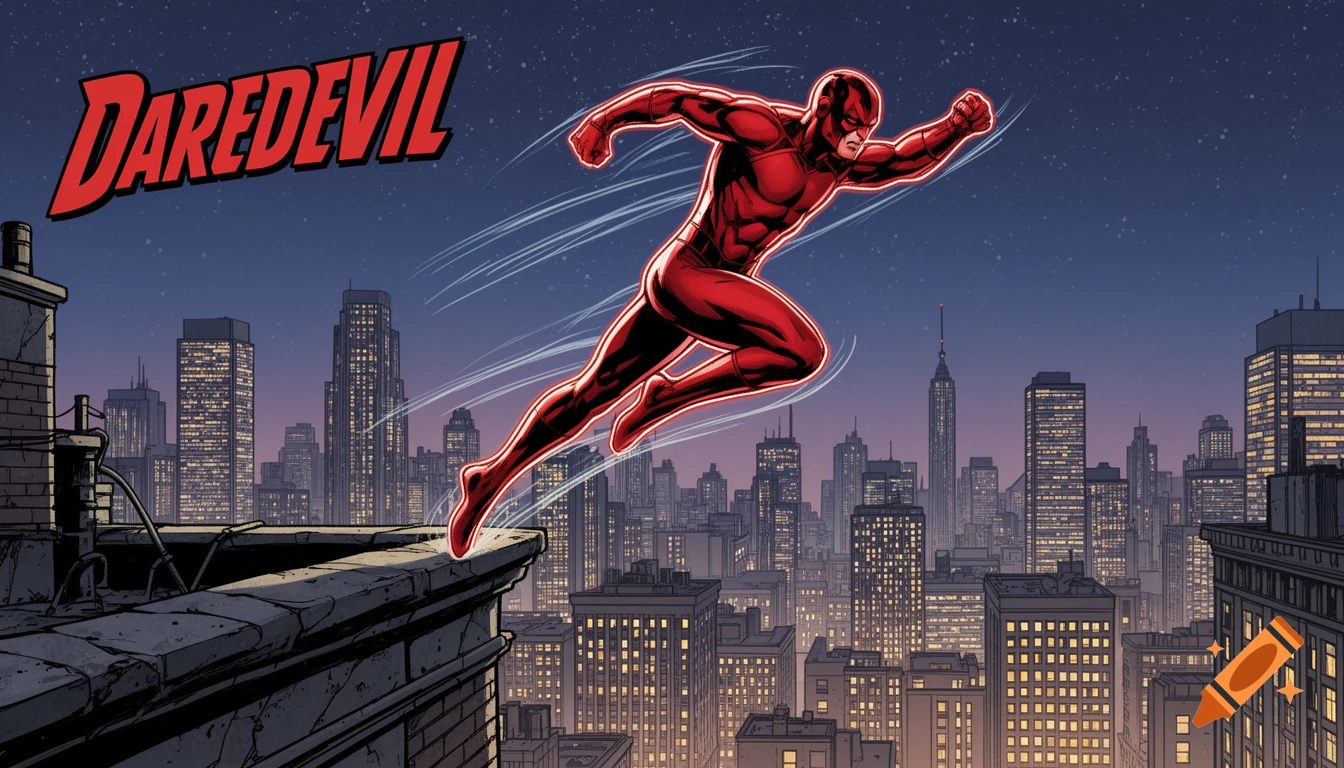 Daredevil Comic Rooftops Daredevil in his red suit leaps from a city rooftop against a night ...