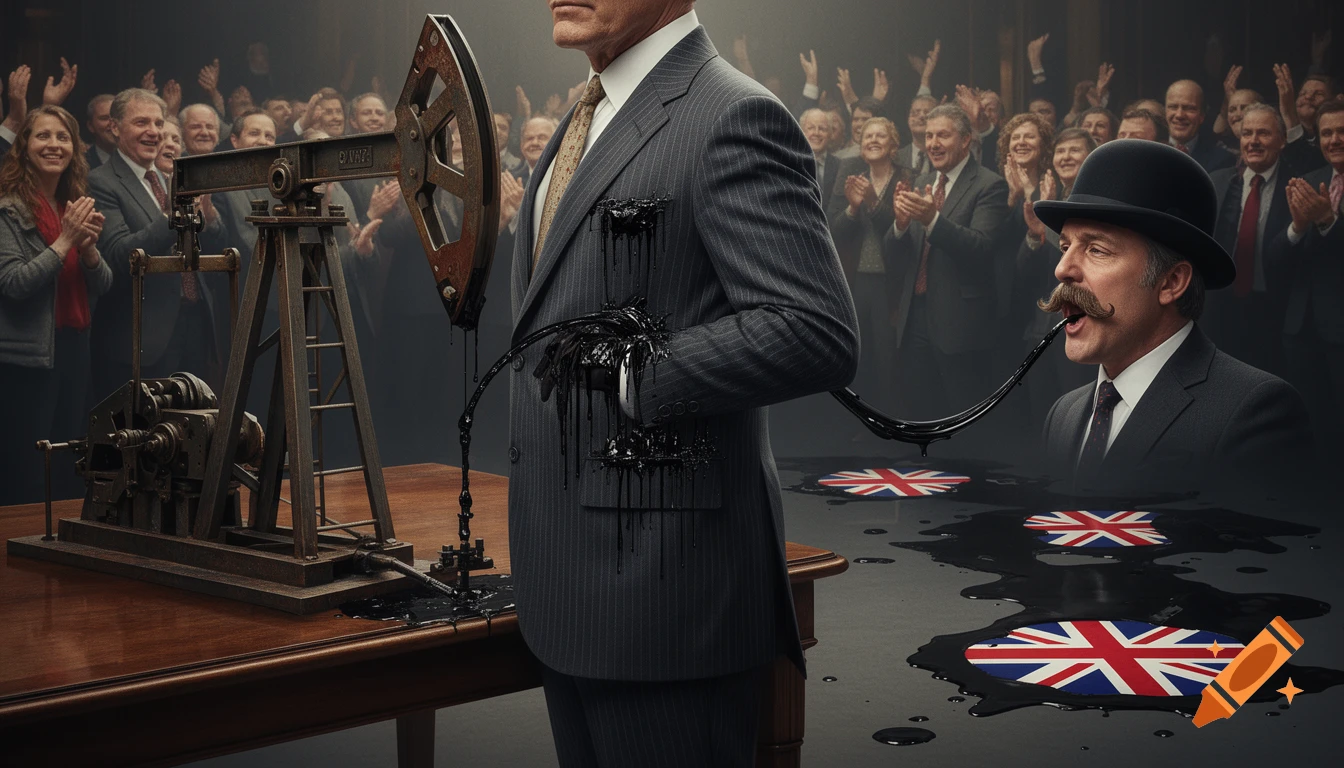 An oil pump drips oil from a businessman's suit into a British man's mouth, as a crowd cheers and British flags float in oil puddles.