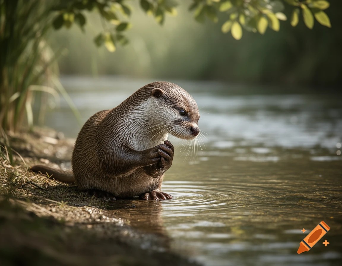 An otter sits on a muddy riverbank, holding its front paws together, with water rippling beside it and green foliage above.
