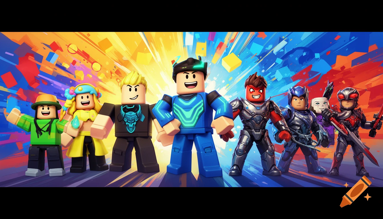 A group of diverse Roblox characters stands heroically against a vibrant, explosive background of colorful shapes.