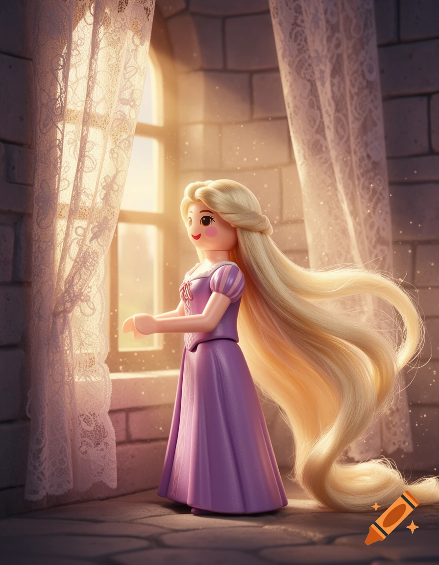 A Playmobil-style Rapunzel doll with very long blonde hair and a purple dress stands by a sunlit window with lace curtains in a tower room.
