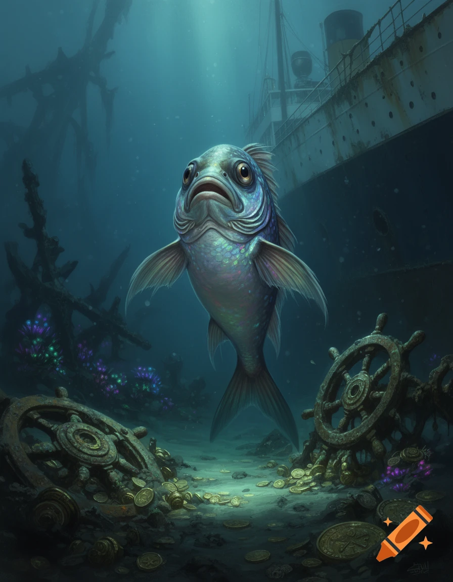 A wide-eyed anthropomorphic fish swims in the deep ocean above a seabed scattered with gold coins and shipwrecks, including the Titanic.