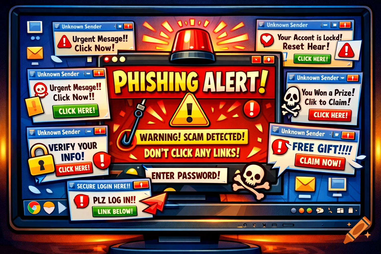 A stylized digital cartoon of a computer screen displaying multiple phishing pop-up warnings and a large 'PHISHING ALERT!' banner.