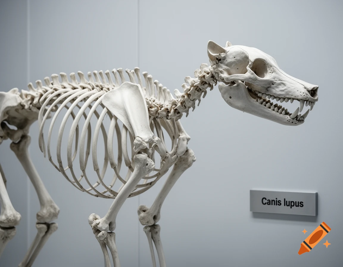 A detailed side view of a wolf skeleton, standing against a light grey background with a label 'Canis lupus'.