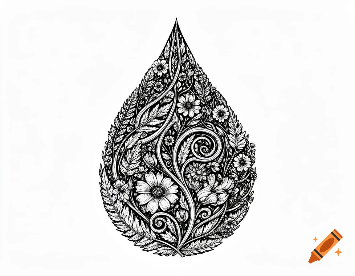 A black and white hand-drawn graphic of a teardrop shape filled with intricate botanical patterns, leaves, and flowers.