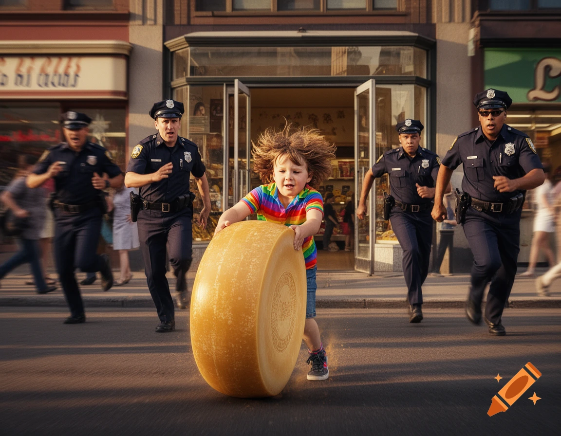 A child with wild hair rolls a giant cheese wheel down a city street as police officers chase them.