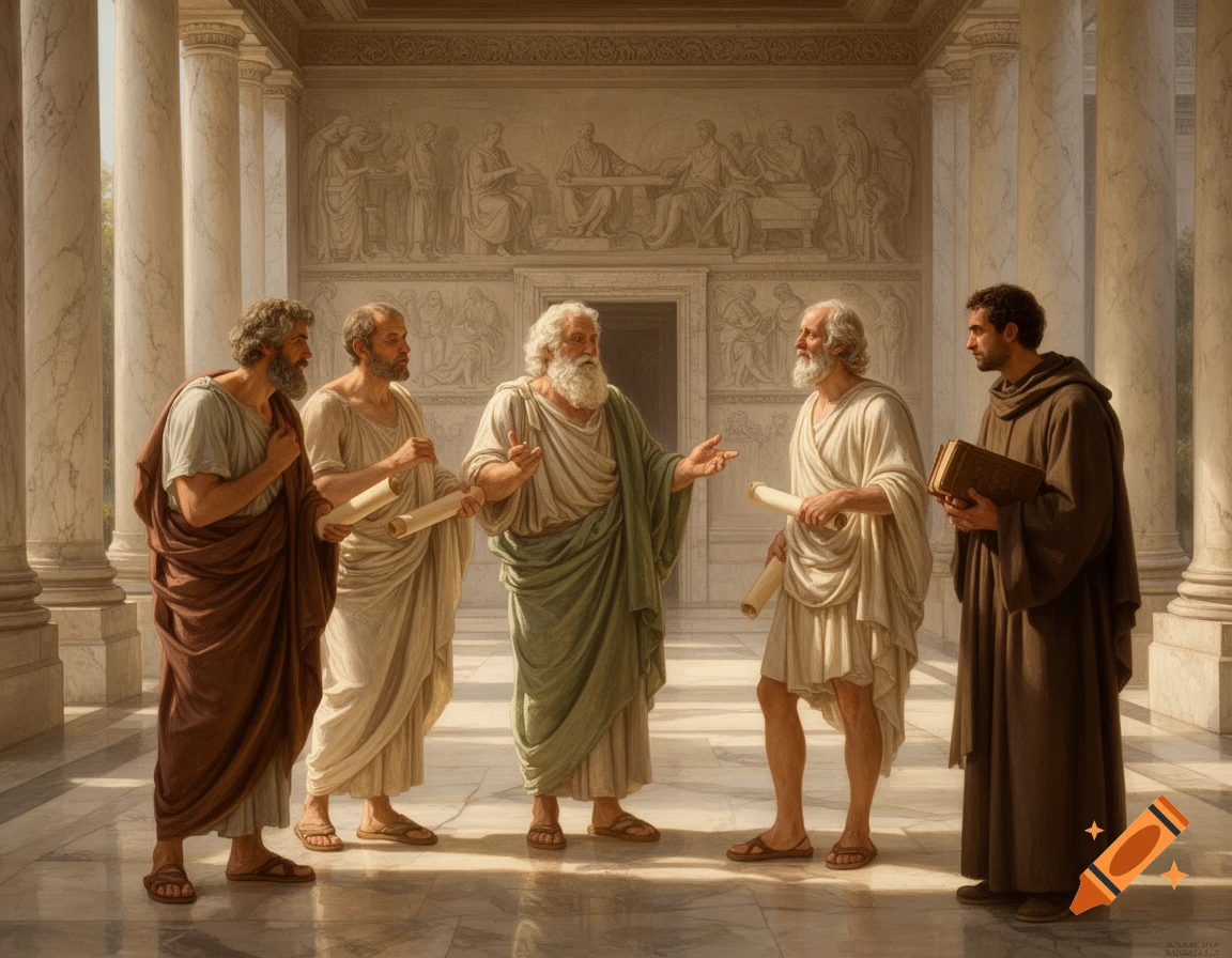 Five ancient philosophers in classical robes discussing, holding scrolls and a book, in a columned hall with carved reliefs.