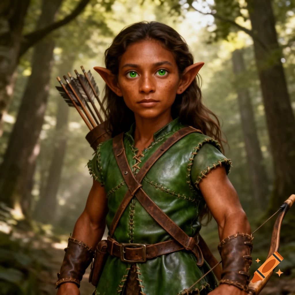 Photorealistic fantasy archer with pointed ears, green eyes, and brown skin in green leather, holding a bow in a sunlit forest.
