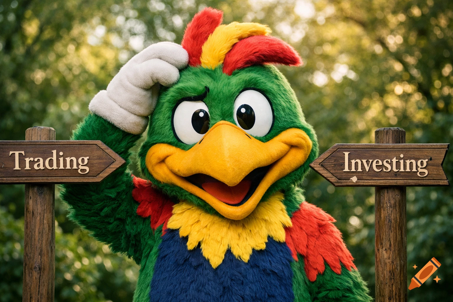 Puzzled green parrot mascot scratches its head between signs pointing to 'Trading' and 'Investing' in a sunny outdoor setting.