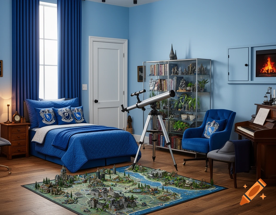 A Harry Potter themed Ravenclaw bedroom with blue walls, a bed with blue bedding and crests, a telescope, a bookcase, a piano, and a detailed fantasy map rug.