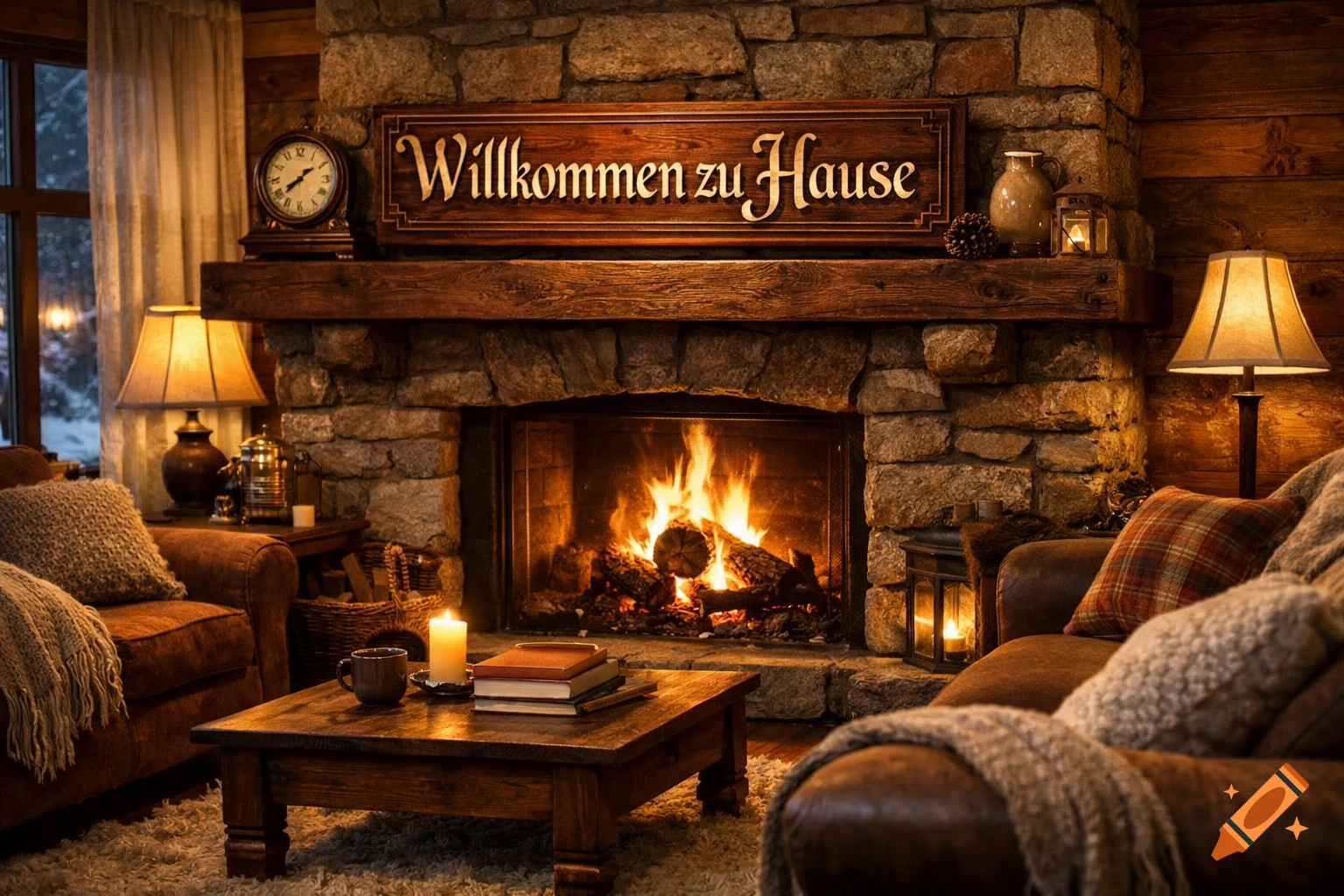 Photorealistic image of a cozy living room with a stone fireplace, armchairs, and a coffee table, a sign reads 'Willkommen zu Hause'.