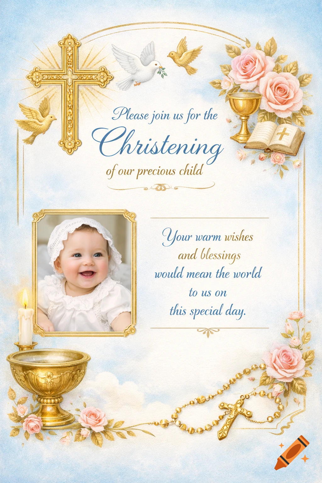 A christening invitation with a smiling baby photo, golden cross, doves, roses, and religious text on a light blue background.