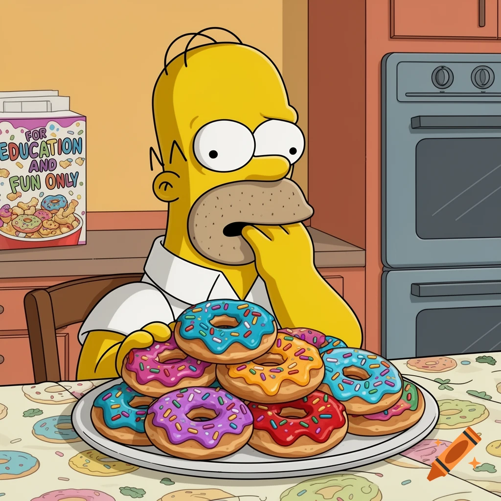 Homer Simpson looks wide-eyed, his hand near his mouth, seated at a table piled with colorful donuts in a cartoon style.