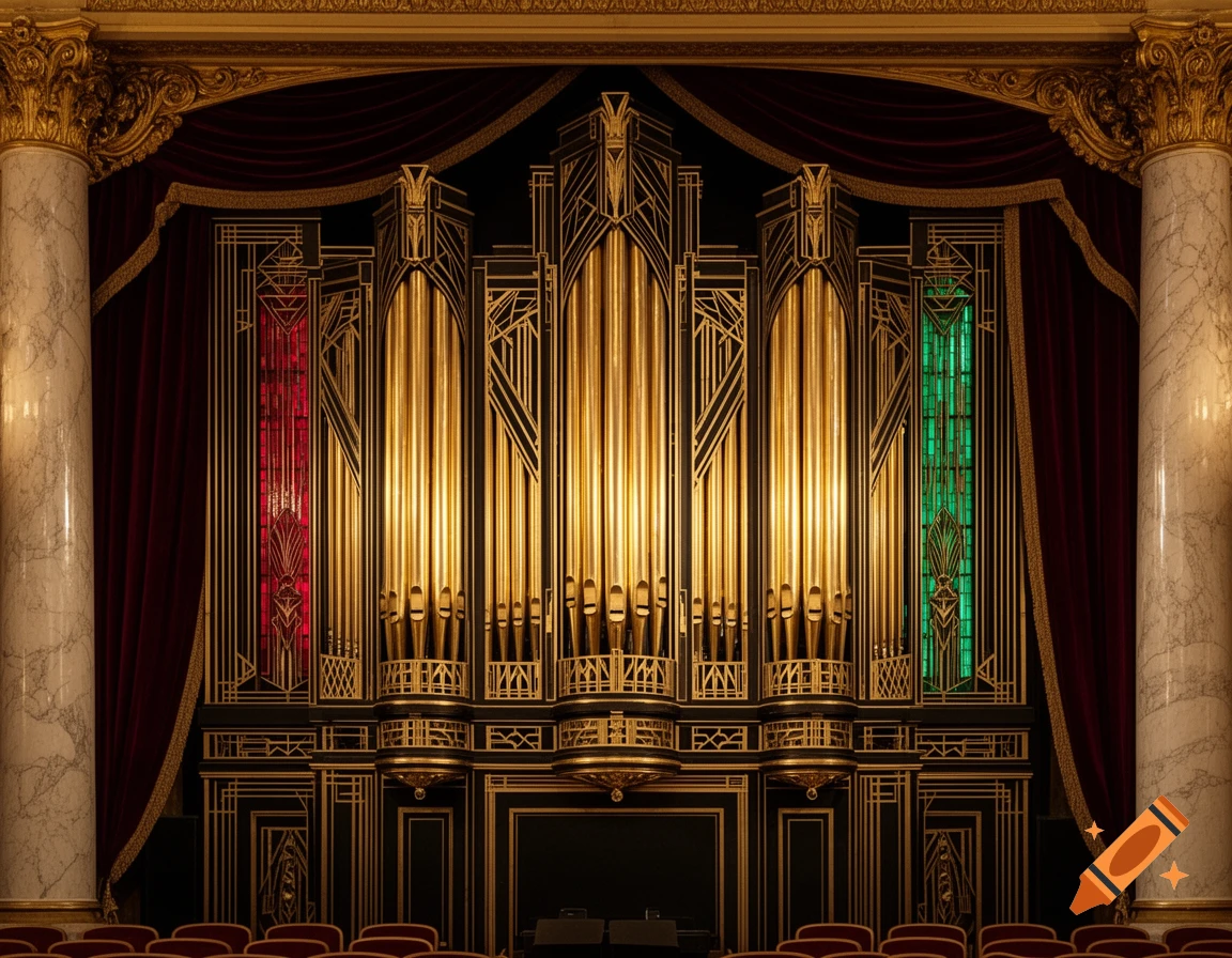 A majestic Art Deco pipe organ with golden pipes, red and green panels, and velvet curtains in a grand concert hall.