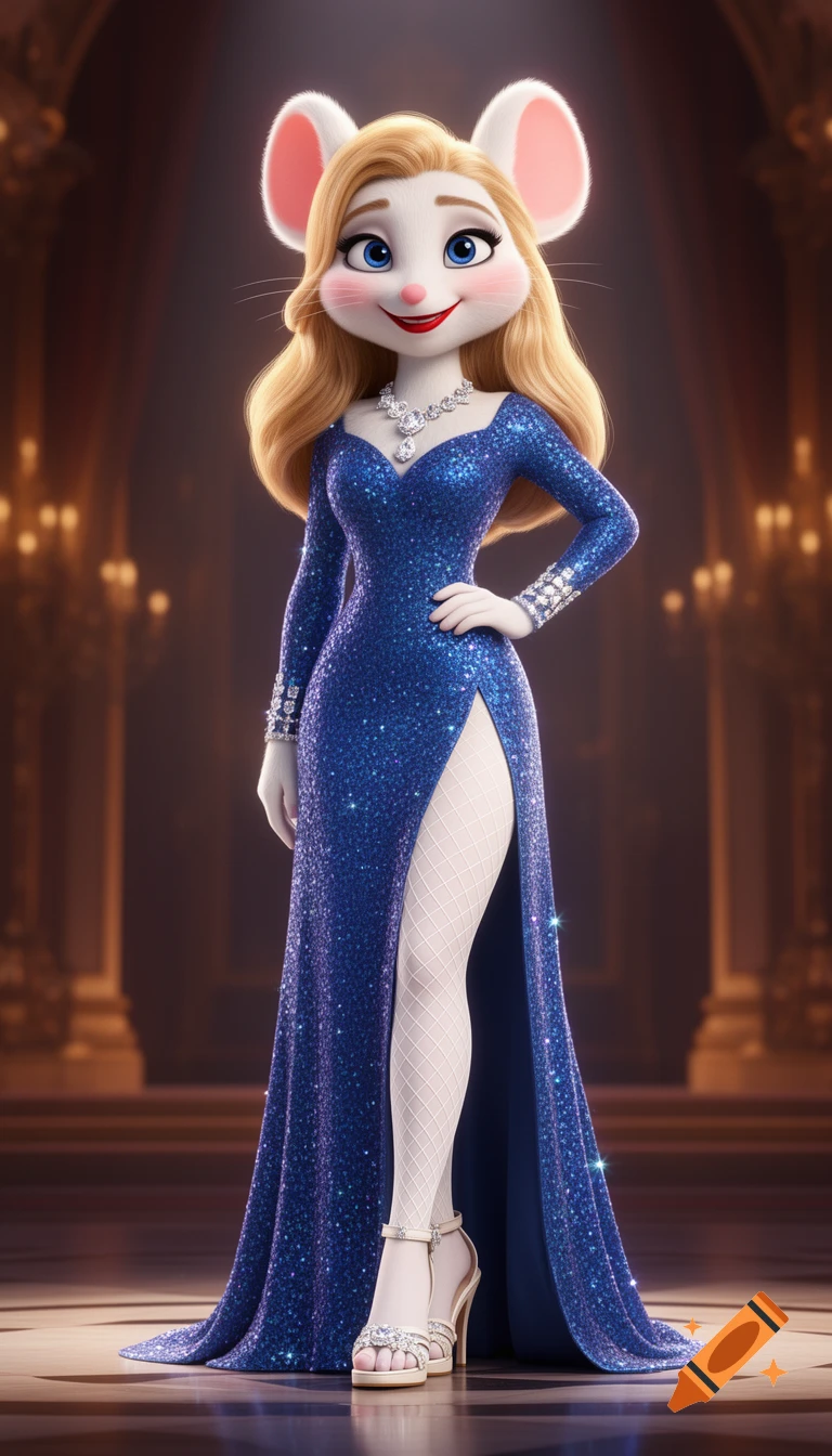 A 3D animated anthropomorphic white mouse with blonde hair wears a sparkling blue gown with a high slit, fishnet stockings, and heels, in a luxurious setting.