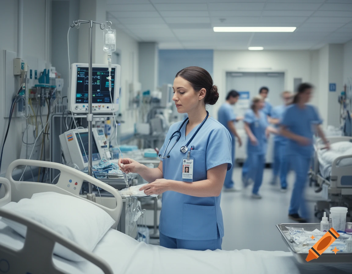 A photorealistic image of a nurse in blue scrubs preparing an IV drip in a hospital room with medical equipment and blurred staff in the background.