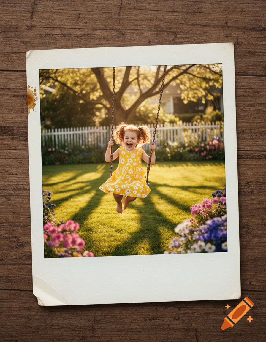 A joyful child in a yellow dress with pigtails swings outdoors in a sunlit garden, captured in a polaroid photo.
