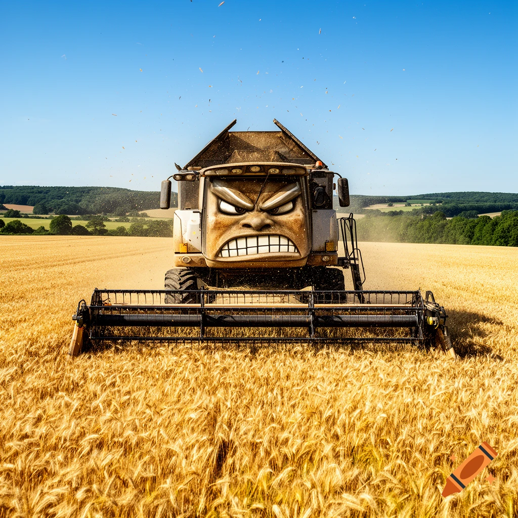 An anthropomorphic combine harvester with an angry face drives through a golden wheat field under a blue sky.