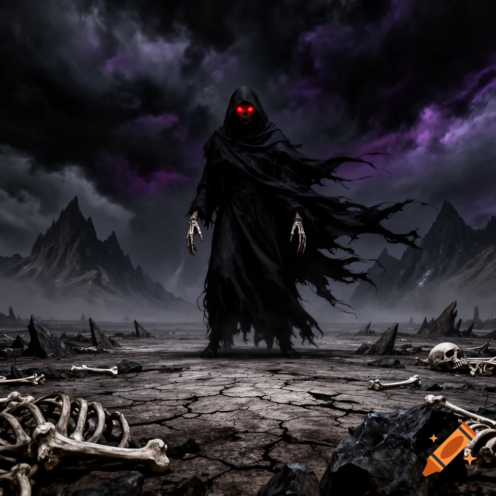 A grim reaper with glowing red eyes stands in a desolate, cracked ...