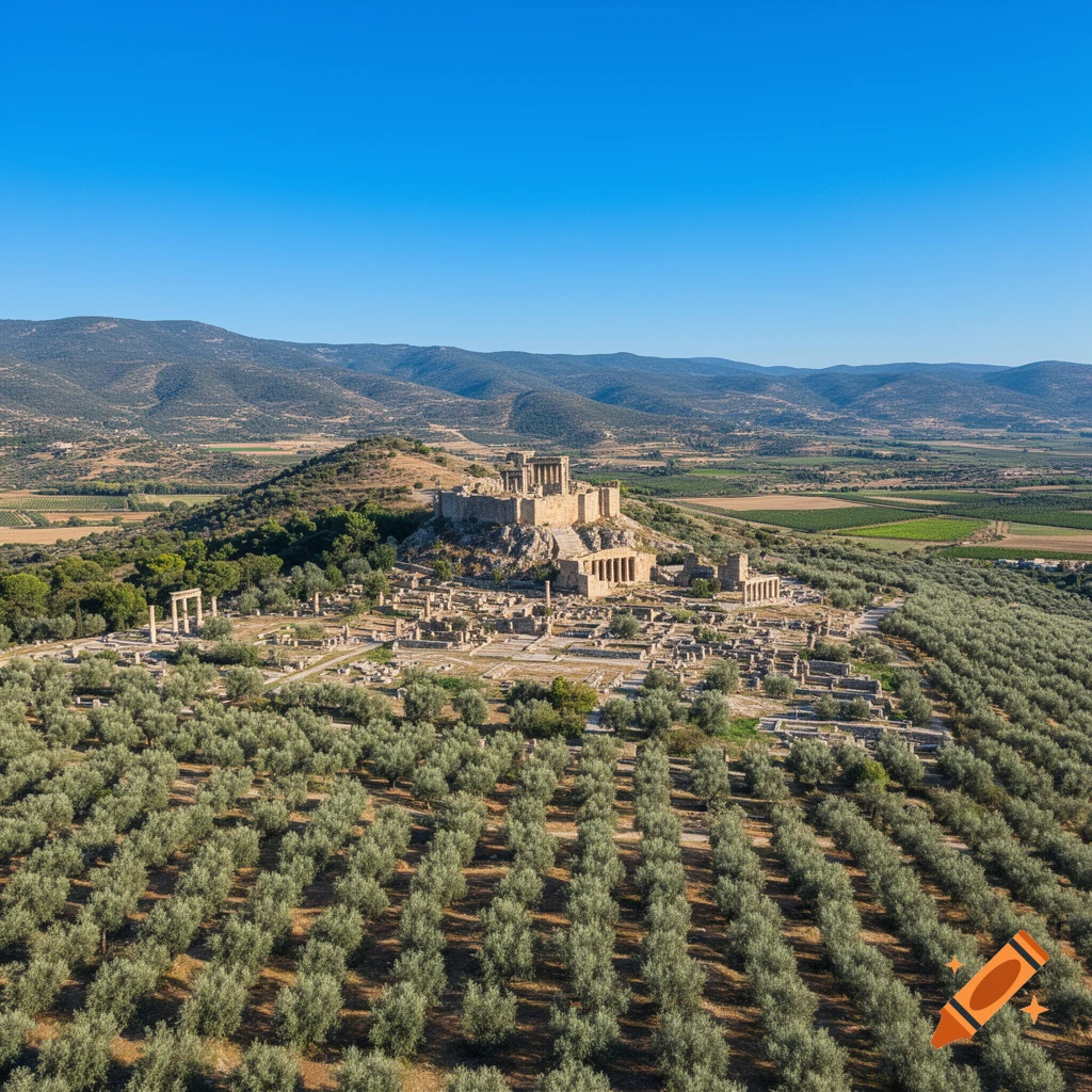 Aerial view of ancient ruins on a rocky hill, surrounded by vast olive groves, with mountains under a clear blue sky.