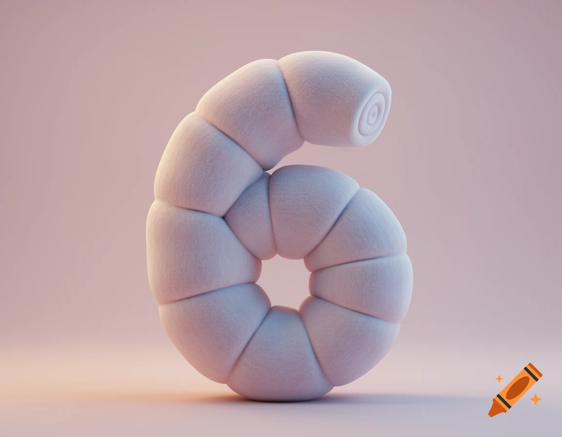 A soft, plush-like, segmented number 6 in light pink against a soft pink background.