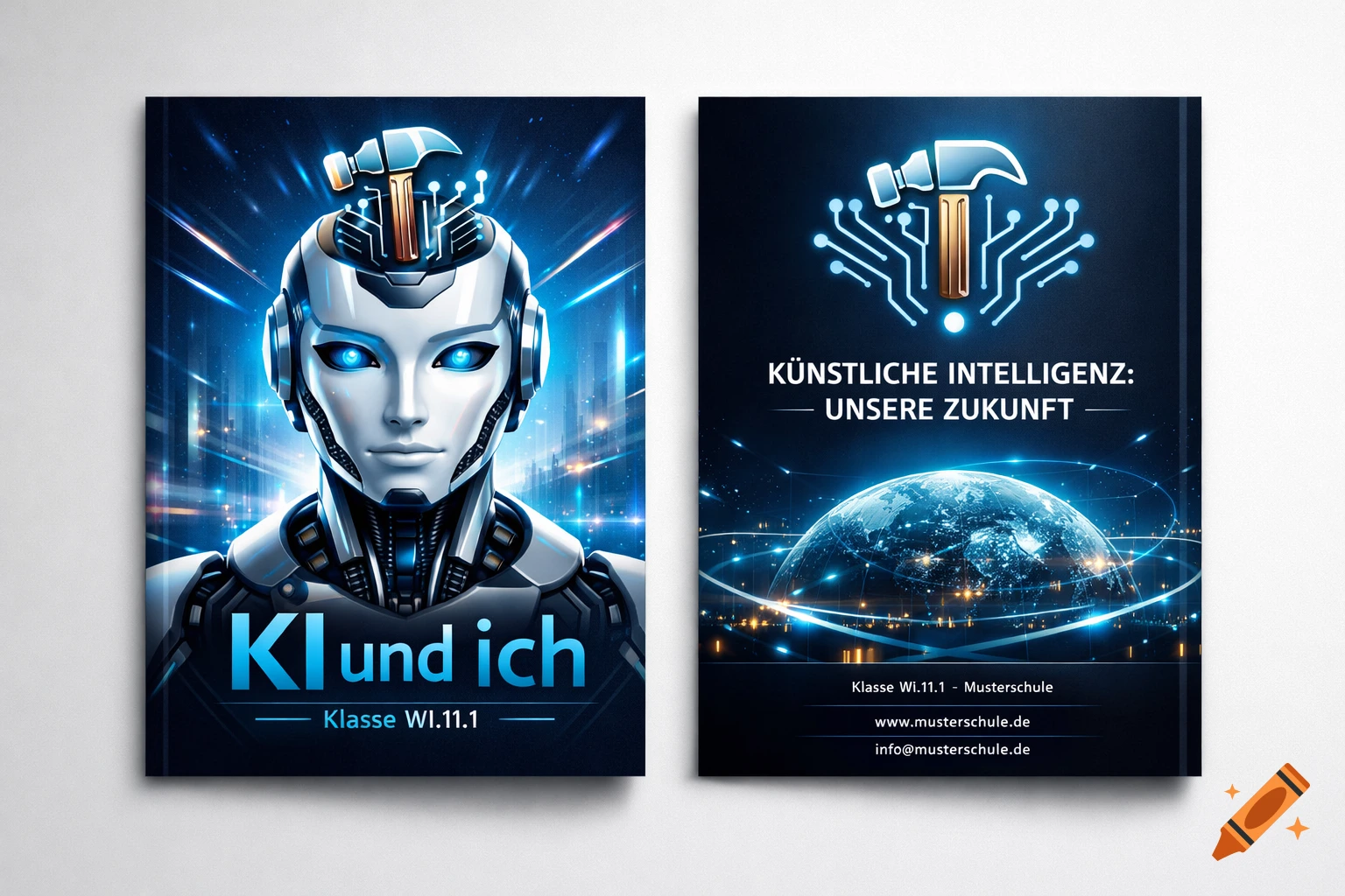 A futuristic brochure for "AI and I" showing a robot with glowing blue eyes and a hammer on its head on the front cover, and an earth with text "Artificial Intelligence: Our Future" on the back cover.