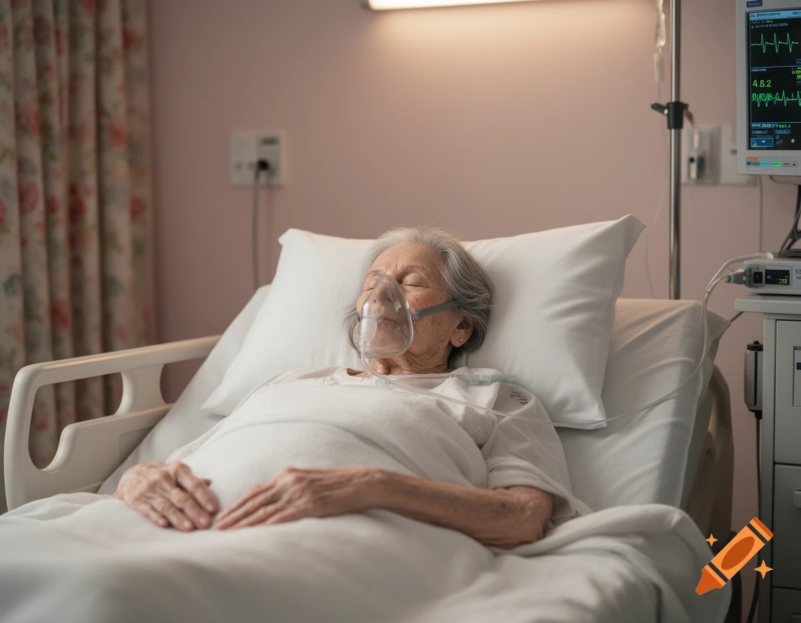 An elderly woman with an oxygen mask sleeps in a hospital bed, with a medical monitor visible on the right.