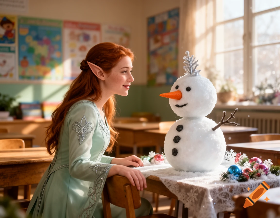 A red-haired elf woman in a blue gown smiles at a snowman decorated with glitter and ornaments, set in a sunlit classroom.