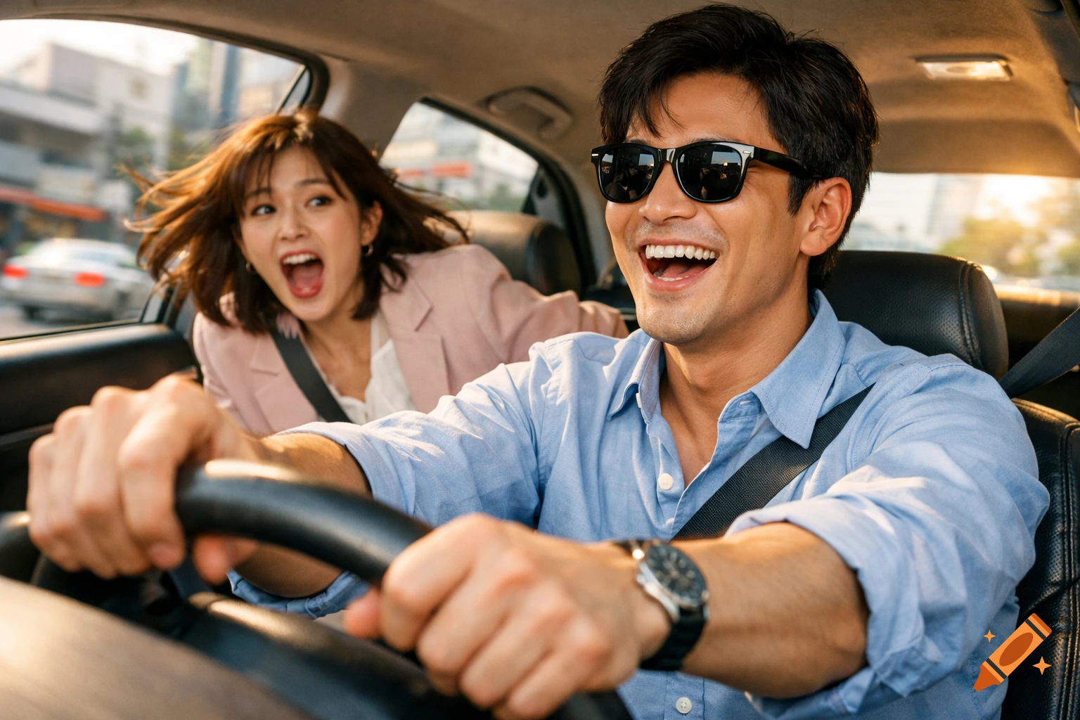 A man in sunglasses laughs while driving a car, as a woman in the backseat screams in fear during a dramatic ride.