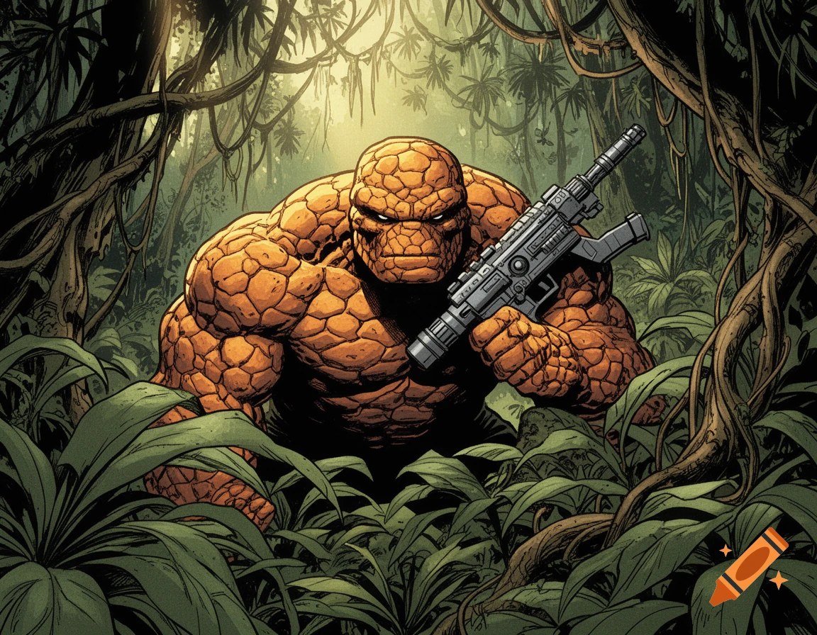 The Marvel character The Thing stands menacingly in a dense jungle, holding a laser gun, in a comic book art style.