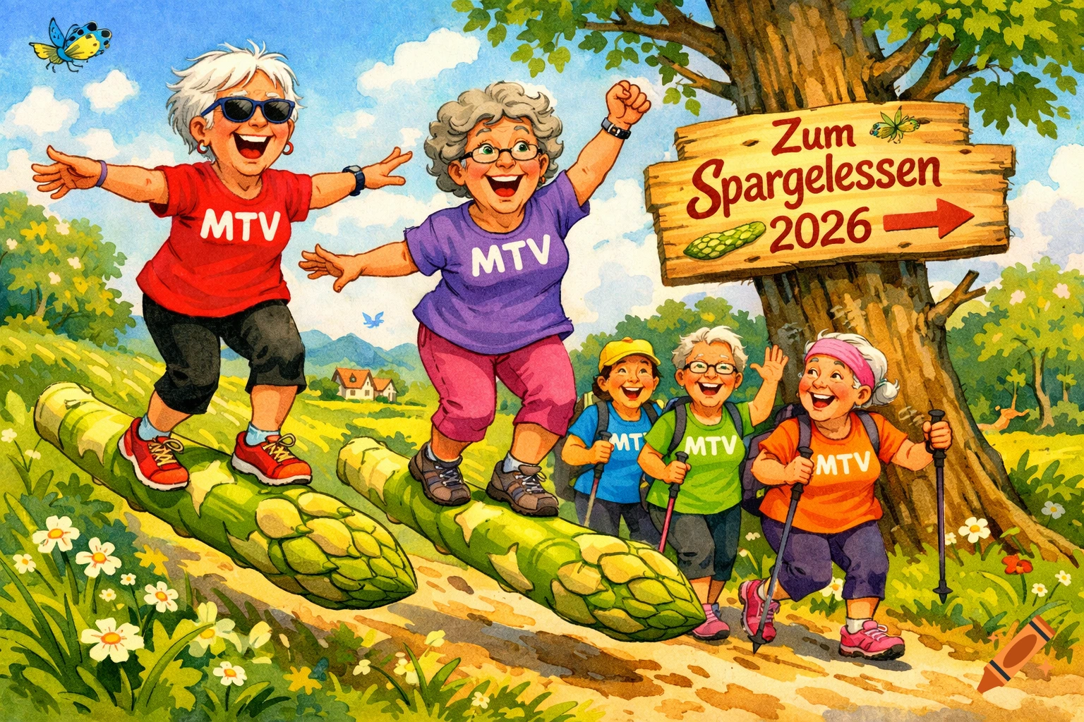 Cheerful cartoon of elderly women hikers, some balancing on giant asparagus, with a sign reading 'Zum Spargelessen 2026' in a field.