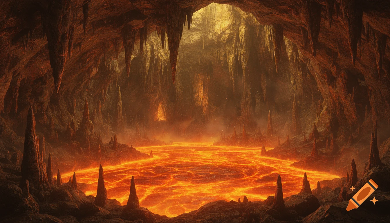 A large, dark cave with a bright orange pool of molten lava flowing through its center, illuminating the jagged rock formations and stalactites.
