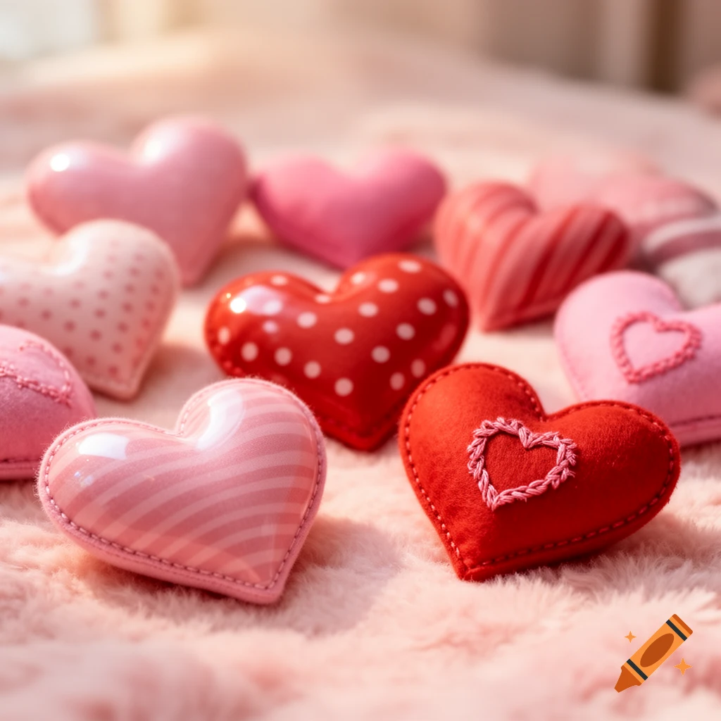 A close-up of several red and pink decorative hearts with different patterns, scattered on a soft, light pink furry surface.