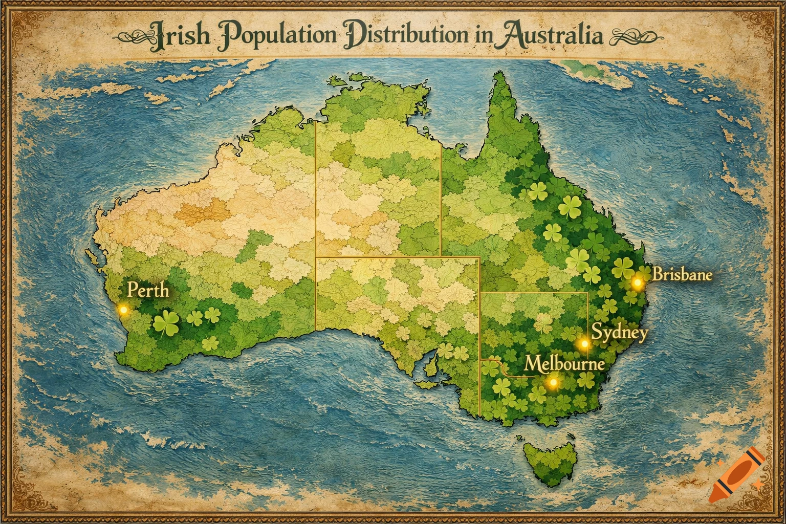 Vintage map of Australia showing Irish population distribution with shamrocks, labeling Perth, Brisbane, Sydney, Melbourne.