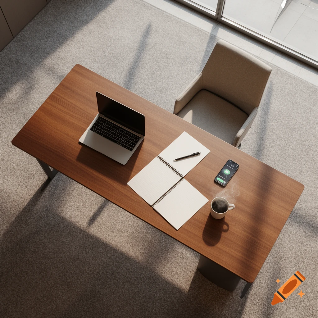 Overhead view of a minimalist office desk with a laptop, open notebook, pen, smartphone, and a steaming coffee mug. Sunlight casts shadows on the light gray carpet.