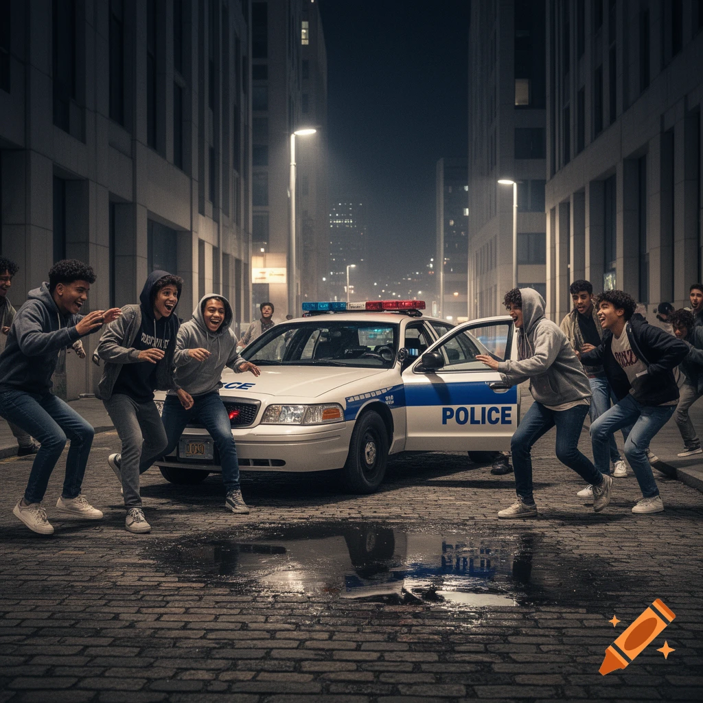 Young people in hoodies and jeans run past a white police car with flashing lights on a cobblestone street at night in an urban setting.