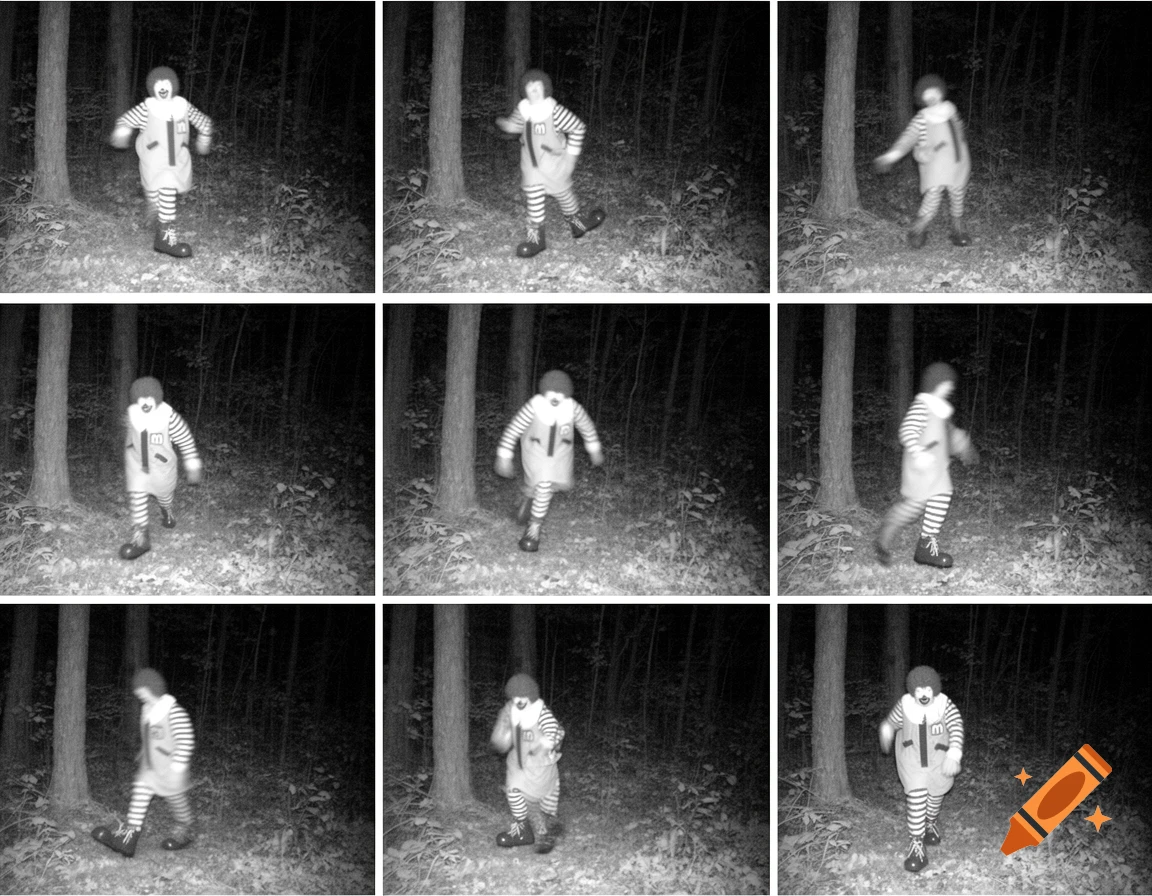 Nine grainy black and white trail camera photos show a blurry, creepy figure resembling Ronald McDonald in a dark forest.
