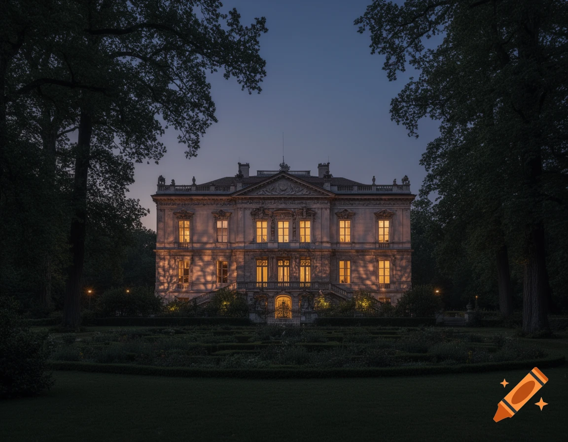 A grand, illuminated villa stands majestically in a dark garden at dusk, framed by large trees.