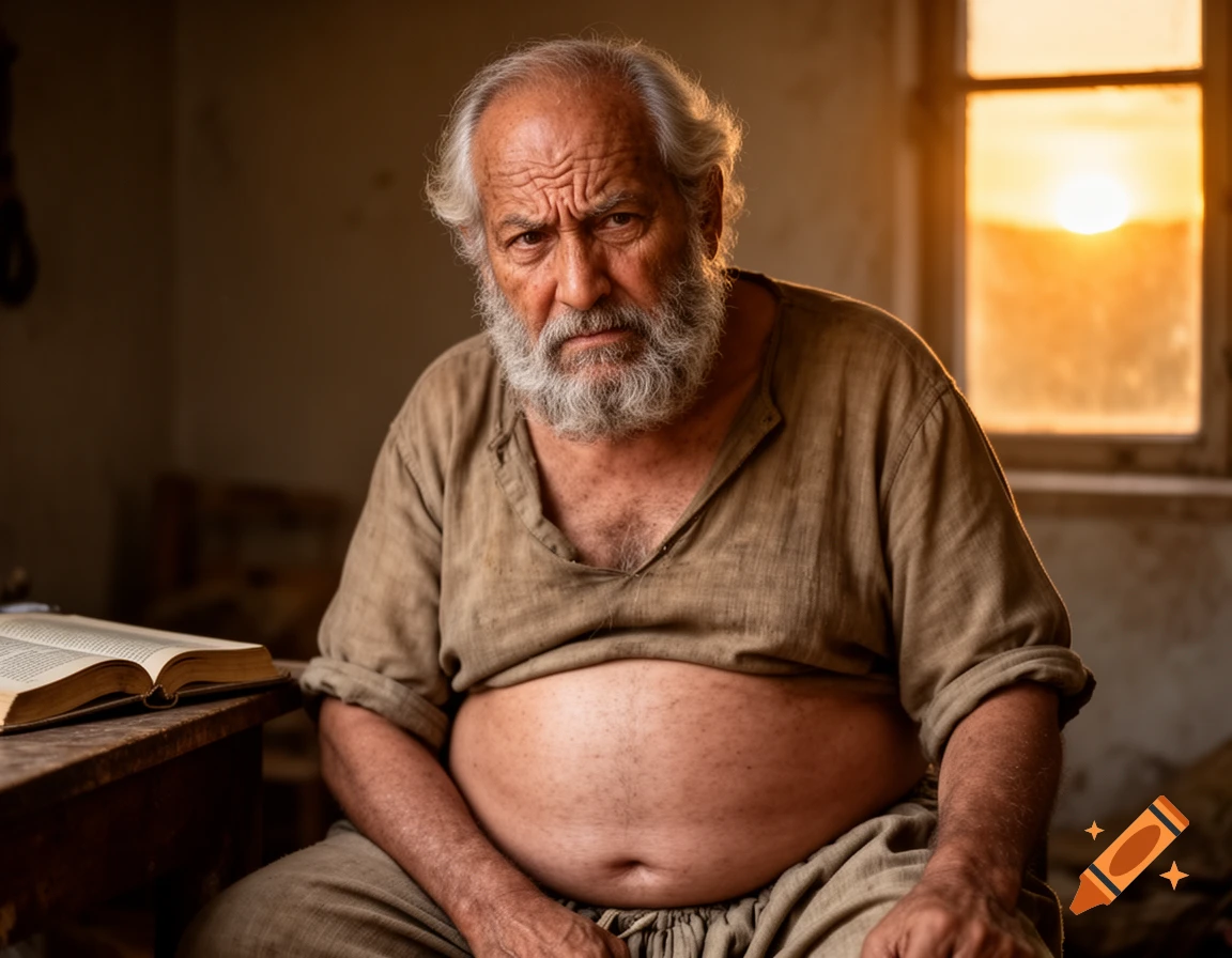 An old man with a white beard, serious expression, and a potbelly sits at a wooden table with an open book, backlit by a sunset through a window.
